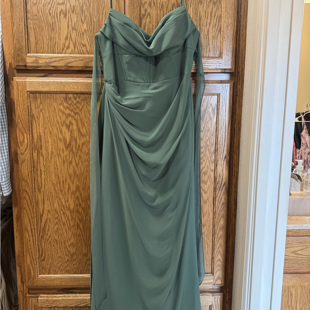 Azazie eucalyptus green bridesmaid dress shortened for 5’ 8” tall